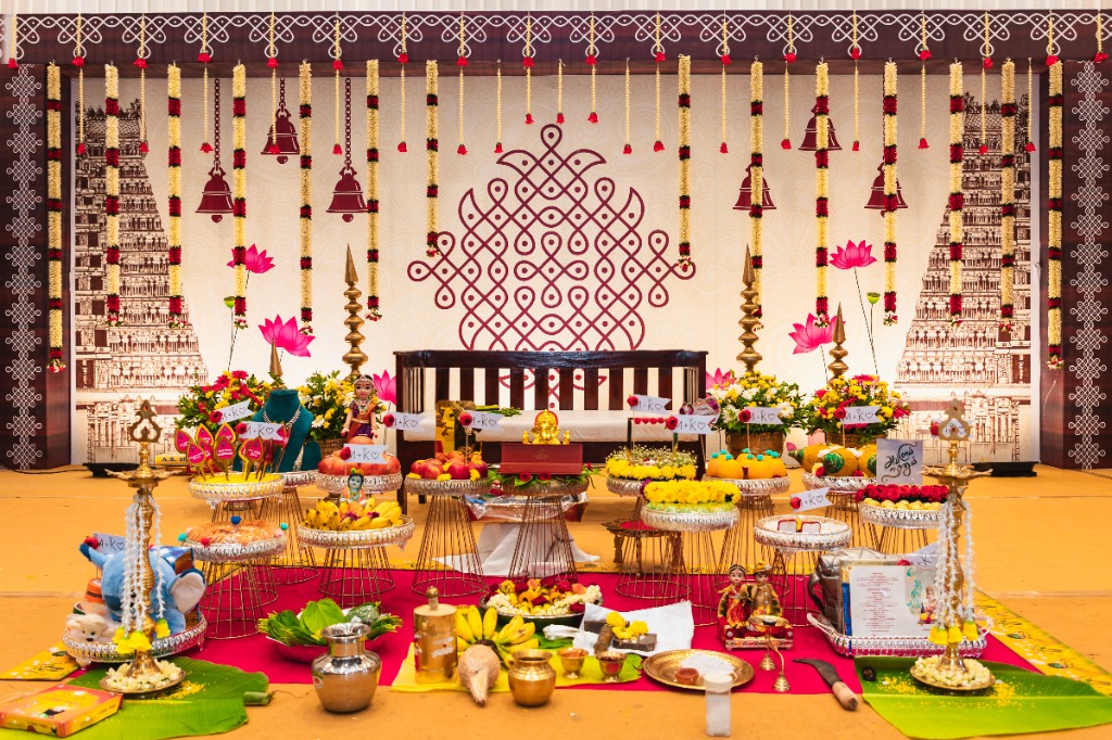 Engagement Stage — Traditional Mandap Decor with Flowers & Ganesha