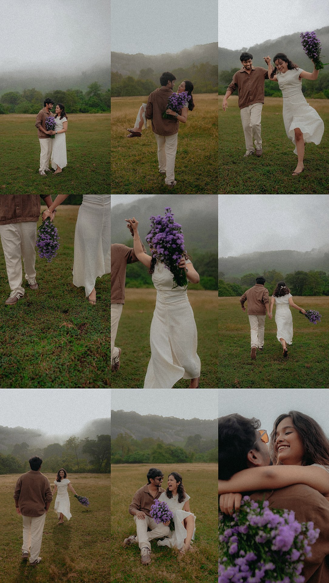 Pre-Wedding — Mirunalini & Karthik collage, meadow with purple flowers